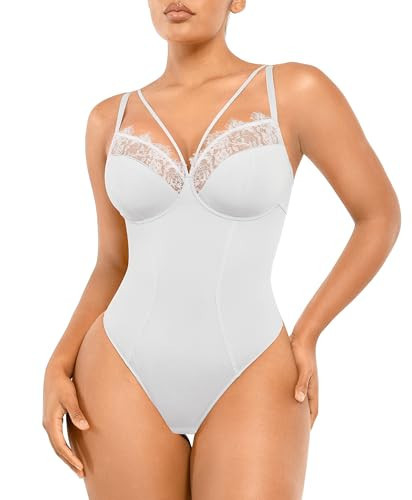 SHAPELLX Women's V Neck Bodysuit Tummy Control Shapewear Black Lace Bodysuit Sculpt Body Shaper (White, 3X-Large) | Amazon (US)