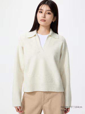 UNIQLO Women's Souffle Yarn Skipper Polo Sweater, Dark Gray, Small | UNIQLO (US)