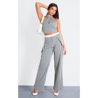 Grey Tailored Boxer Detail Straight Leg Trousers, Grey | PrettyLittleThing IE