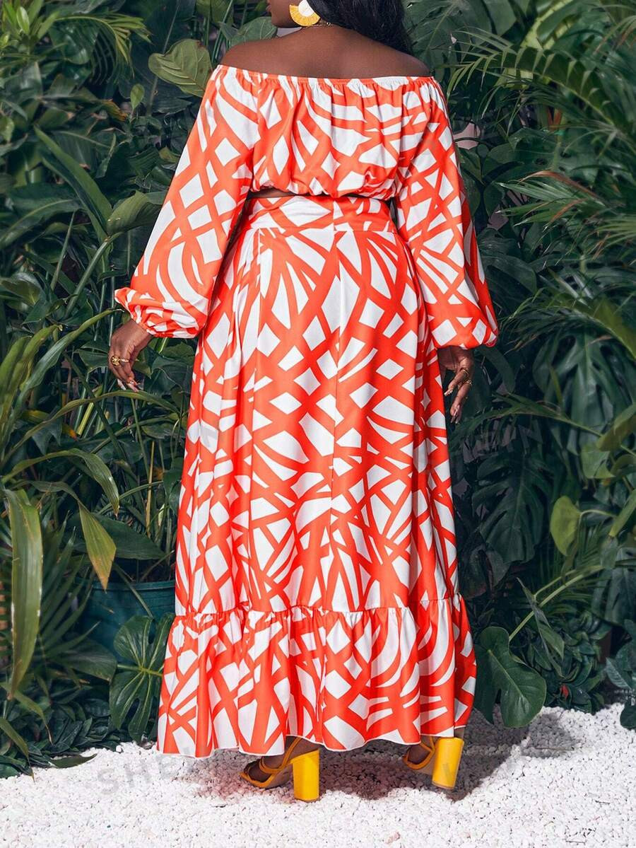 SHEIN Slayr Plus Size Women's Off Shoulder Printed Long Sleeve Top And Flared Midi Skirt Set | SHEIN