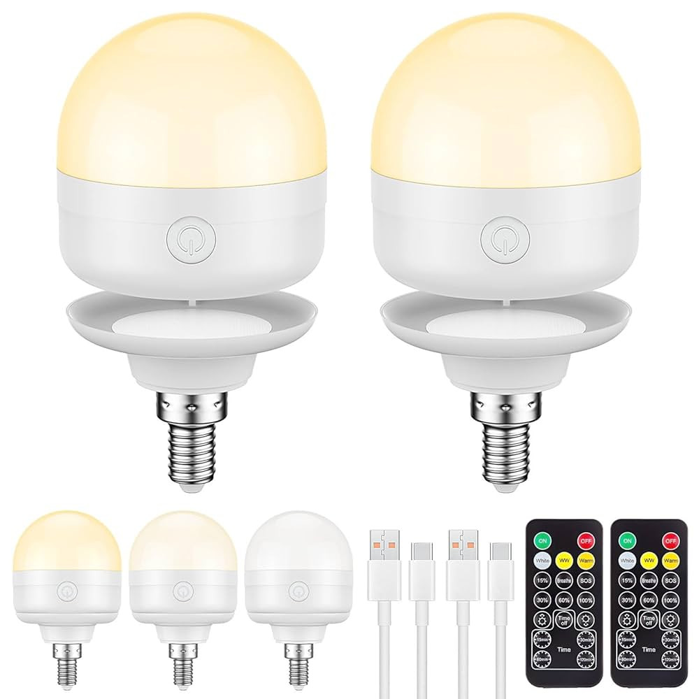 SCOPOW E12 2Packs Rechargeable Light Bulbs with Remote Control Timer and 3 Color Temperature Magn... | Amazon (US)