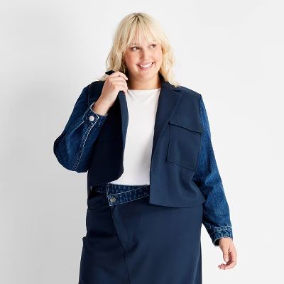 Women's Contrasting Denim Cropped Blazer - Future Collective Navy Blue 4X | Target