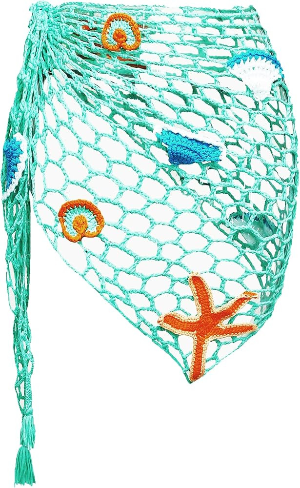 Boho Beach Cover Up for Women Sheer Crochet Sarong Wrap with Seashell Accents Poolside Coastal Ge... | Amazon (US)