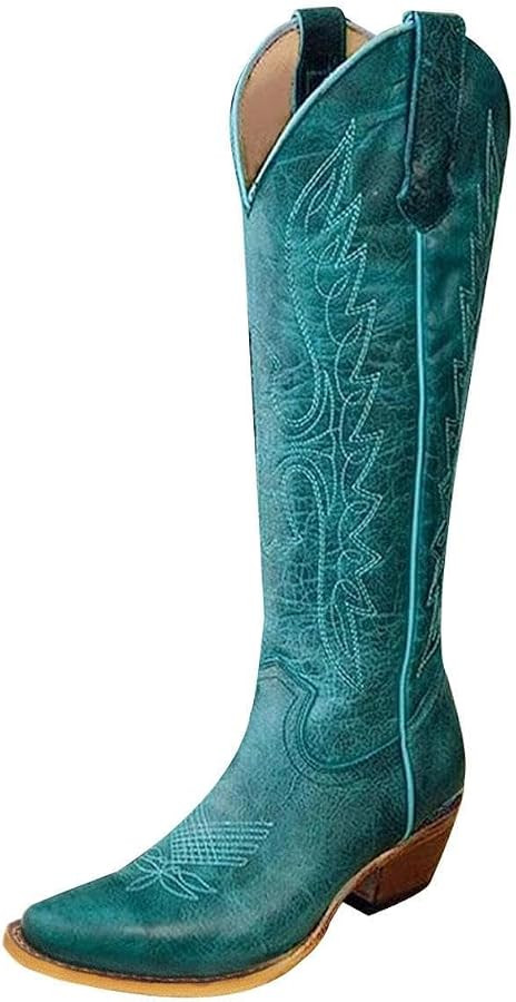 Women's Embroidered Western Cowboy Cowgirl Boots Chunky Heel Pull On Round Toe Mid Wide Calf Wedd... | Amazon (US)