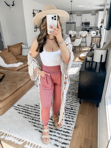 Tank — small
Kimono — size 8-20
Joggers — small

boho spring outfit | boho summer outfit | chunky Steve Madden sandals | platform Steve Madden sandals | oversized kimono | spring brunch outfit ideas | rust red joggers outfit spring | must have summer sandals 

#LTKFindsUnder50 #LTKShoeCrush #LTKFindsUnder100