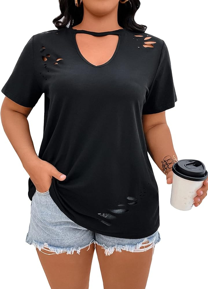 SOLY HUX Womens Plus Size Tops Summer Casual Cut Out V Neck Short Sleeve Tunic T Shirts Distresse... | Amazon (US)