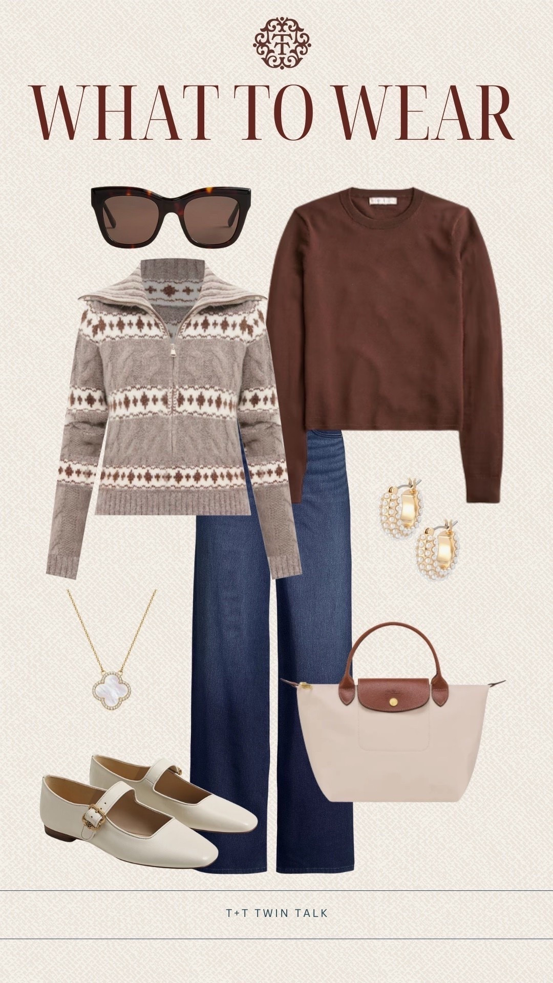 T+T, what to wear! We are loving this Tuckernuck patterned jacket with a brown sweater and dark wash denim! We would accessorize the look with sunglasses, Mary Jane flats, jewelry, and a longchamp purse! 

#LTKMidsize #LTKOver40 #LTKSeasonal