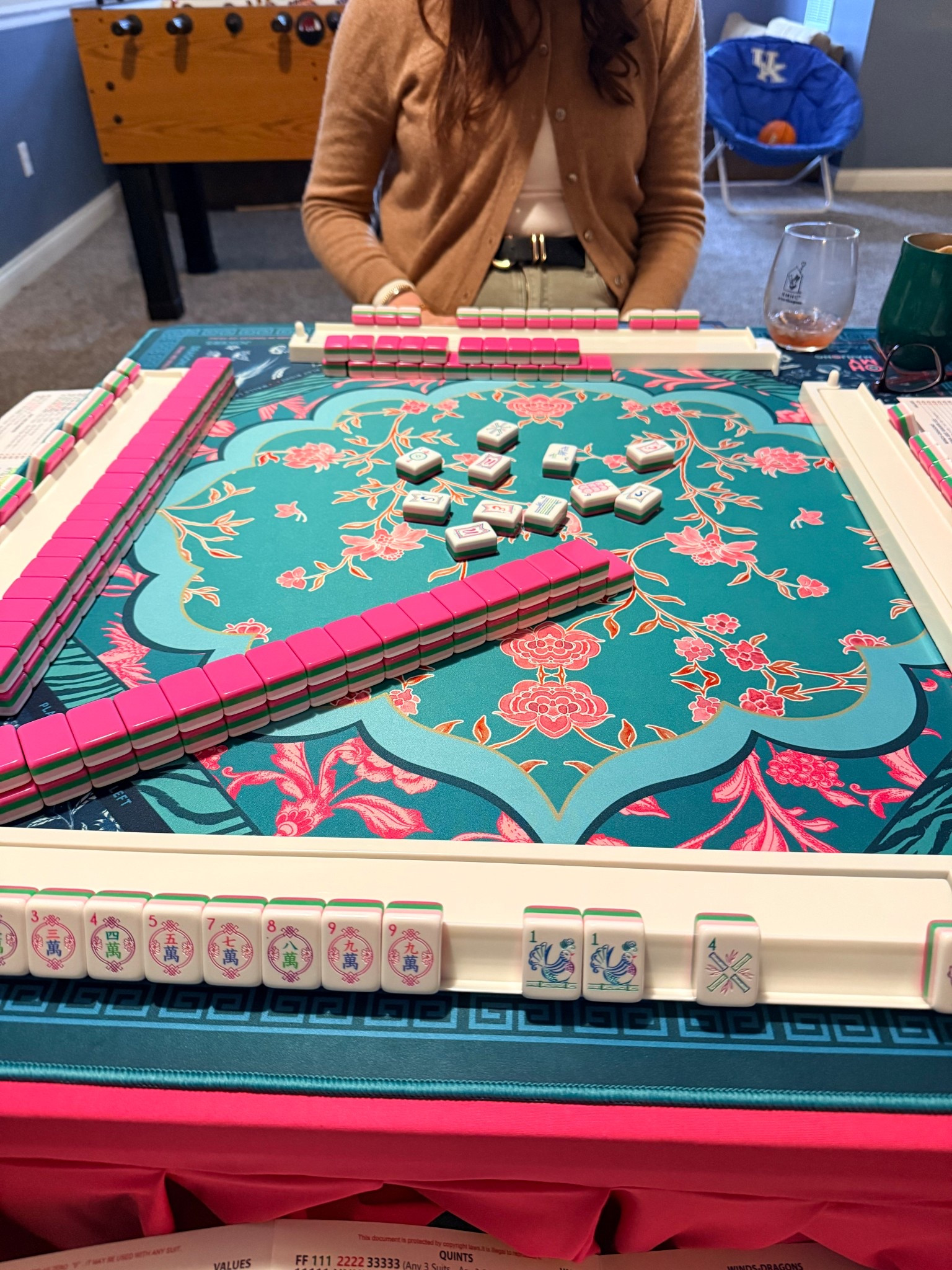 Mahjong every Saturday. Love these tablecloths 