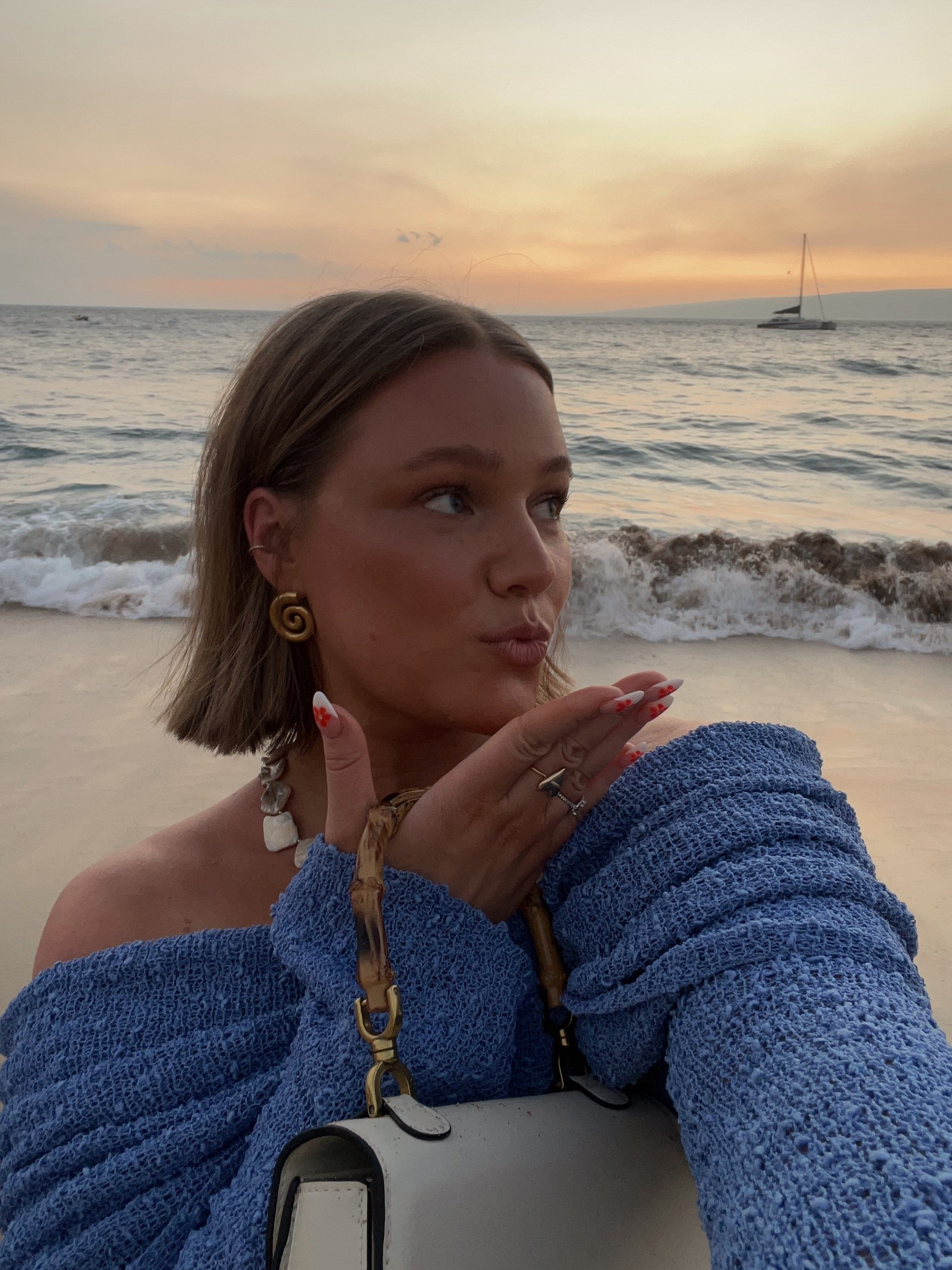 Size large in meshki blue dress it’s semi sheer so wear nude underwear and a nude bra. Amazon necklace bag and earrings!! Perfect for vacation or even a fancy swim coverup 