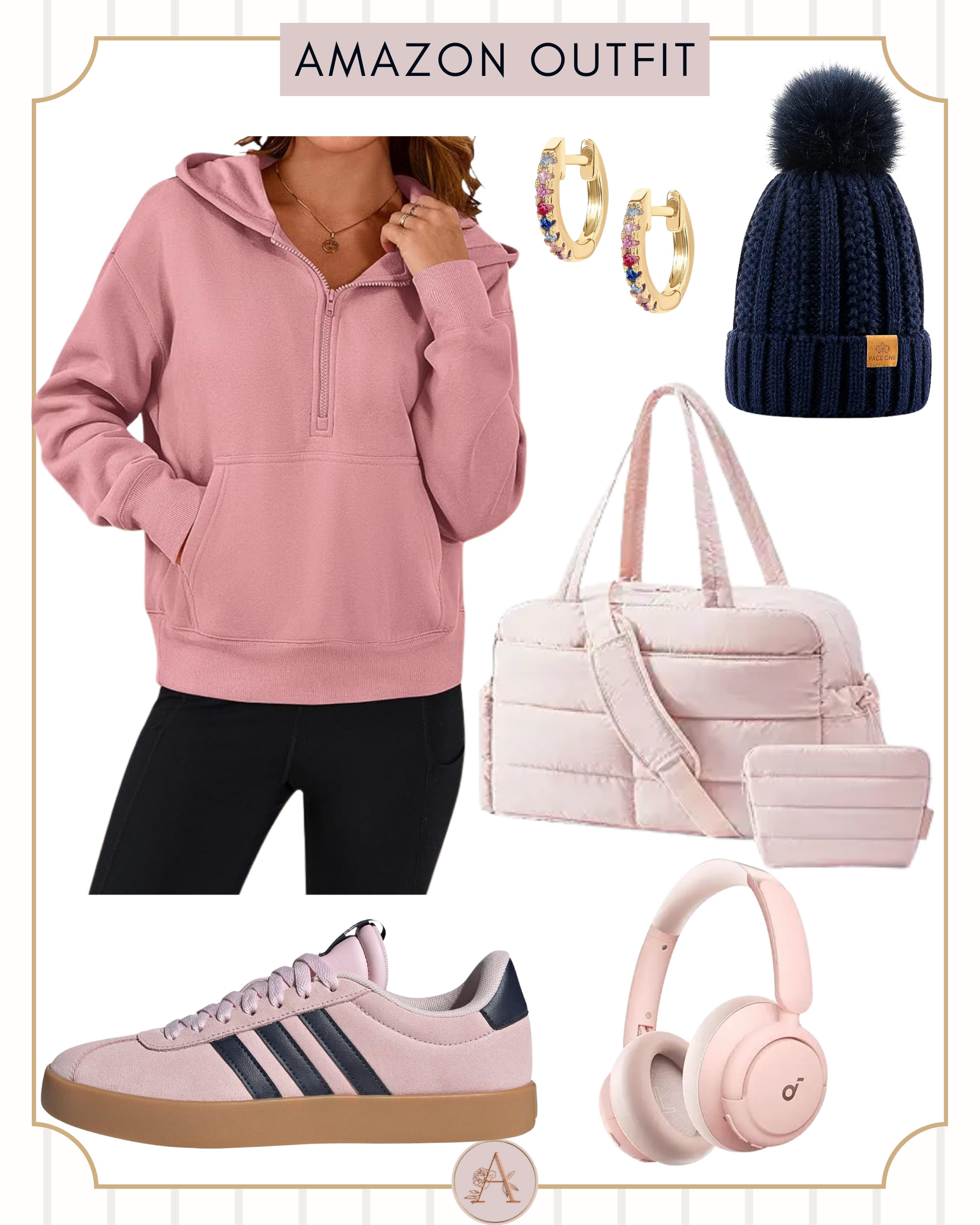 Cozy pink athleisure outfit perfect for cold weather. This Amazon winter outfit features a soft hoodie, black leggings, comfy sneakers, a quilted bag, and cozy accessories 

 #LTKootd #LTKfitnessgoals #LTKmomlife