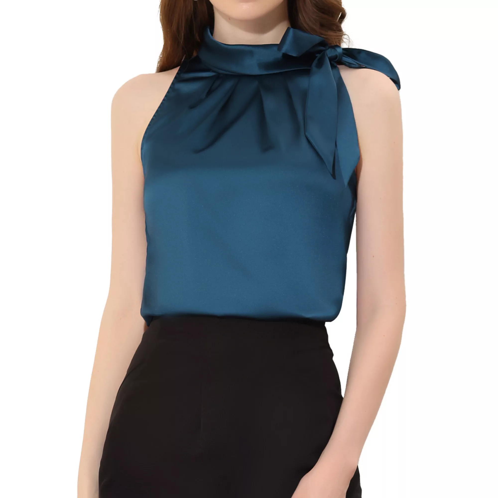 Women's Elegant Satin Sleeveless Bow Knot Tie Mock Neck Solid Work Blouse Top | Kohl's