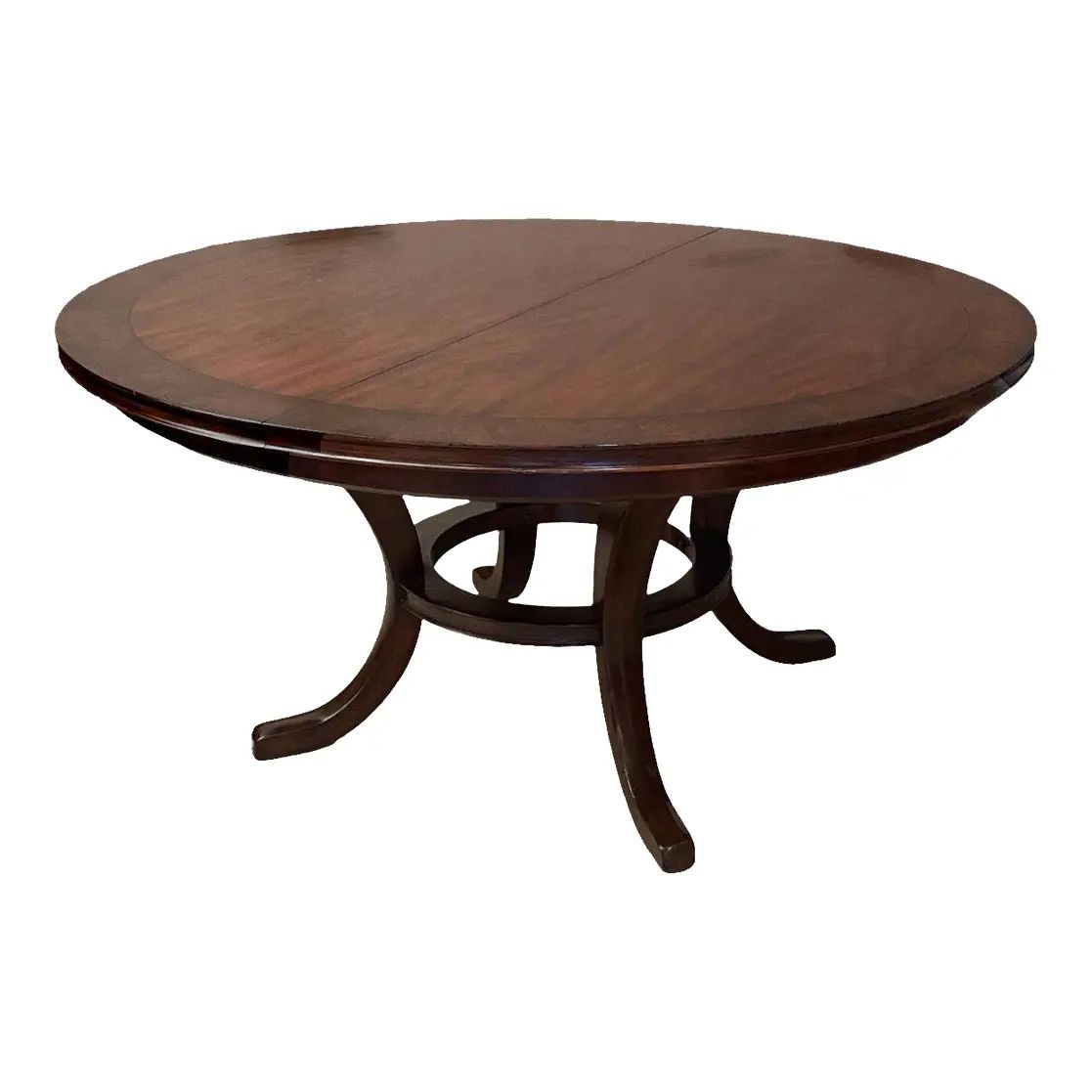 Round-To-Oval Cherry Crown & Burlwood Pedestal Dining Table With Extension Leaf | Chairish