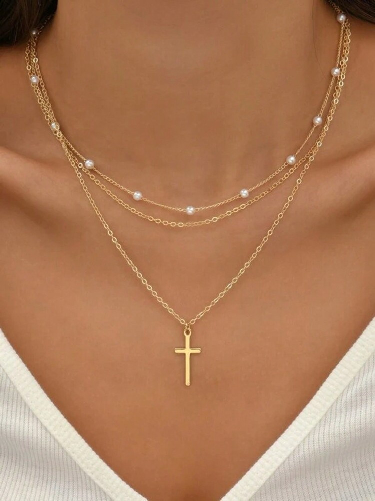 17KM 2pcs/Set Simple Faux Pearl & Cross Multi-Layer Necklace For Women, Ideal For Vacation, Date,... | SHEIN