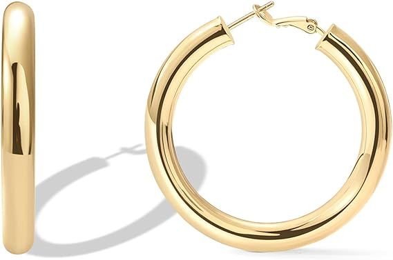 PAVOI 14K Gold Plated Sterling Silver Post Hoops | Lightweight Chunky Hoops Huggies | Thick Gold ... | Amazon (US)