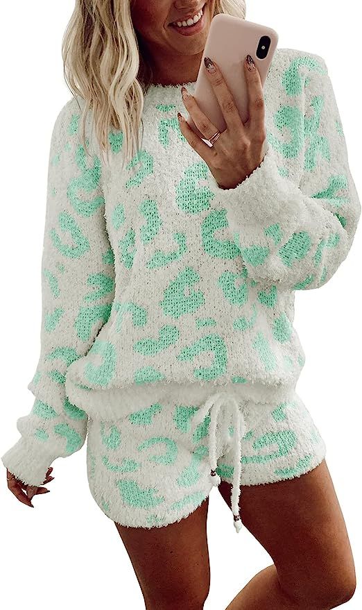 YORGOS Women's Fuzzy Fleece Leopard Loungewear Sets 2 Piece Soft Pajamas Sweater Top Shorts Set O... | Amazon (US)