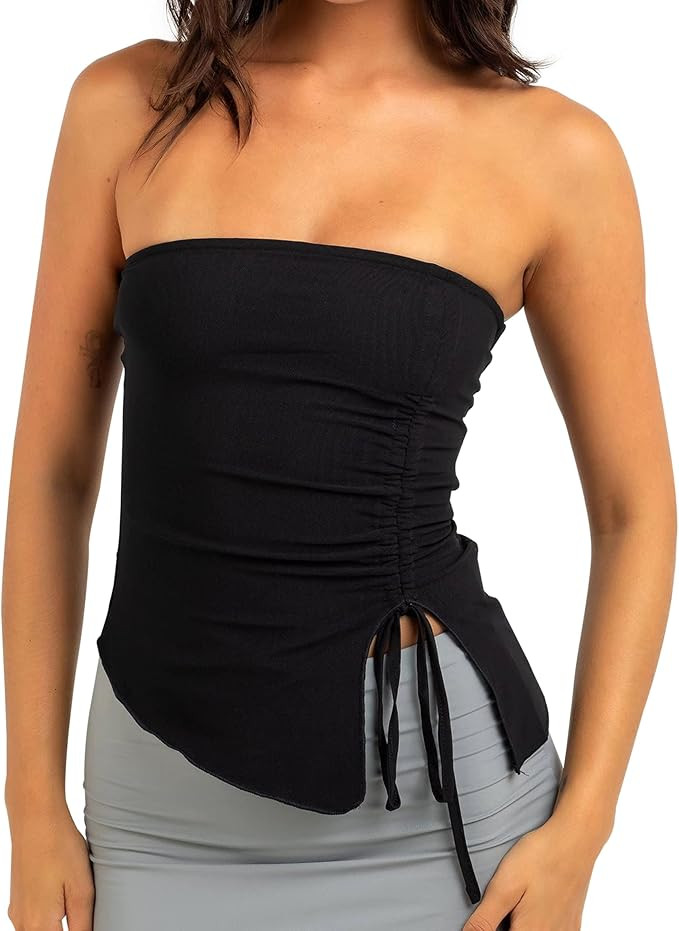 MISSACTIVER Women’s Strapless Sleeveless Tube Top Mesh Double Layer Ruched Side Asymmetrical La... | Amazon (US)