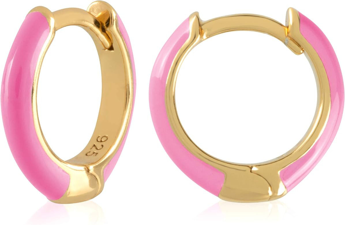 14K Gold Plated Sterling Silver Enamel Color Huggie Hoop Earrings for Women – Wide Range of Vib... | Amazon (US)