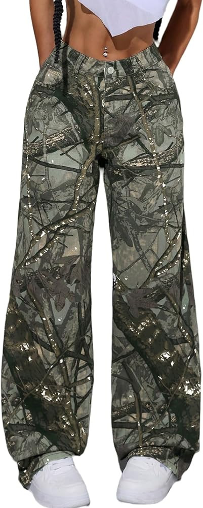 EZAPINE Women Camouflage Cargo Pants Low Waist Baggy Straight Wide Leg Trousers Jeans Slim Fit Po... | Amazon (US)