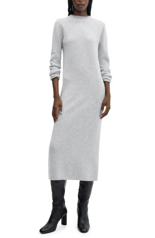 MANGO Funnel Neck Long Sleeve Midi Sweater Dress in Light Heather Grey at Nordstrom, Size 6 | Nordstrom