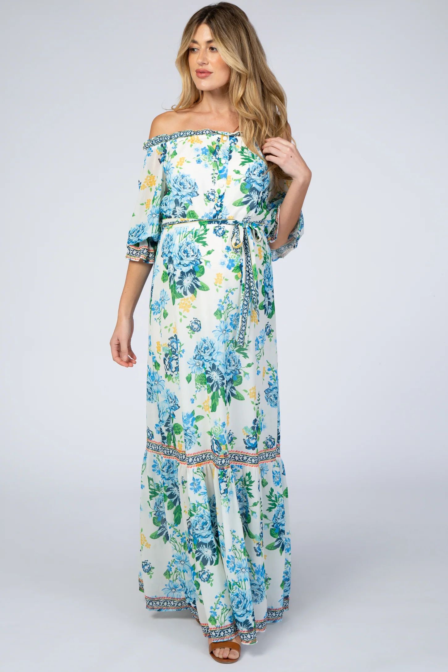 Ivory Floral Off Shoulder Maternity Maxi Dress | PinkBlush Maternity