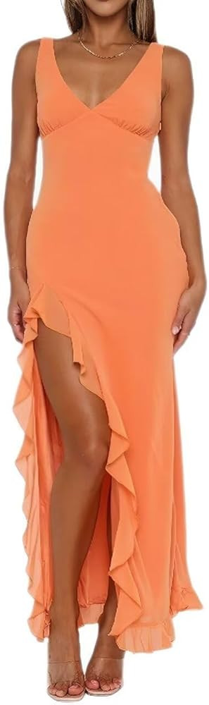 Women's Sexy Ruffle Bodycon Maxi Dress Y2K V Neck Sleeveless Open Back Side Split Cocktail Party ... | Amazon (US)