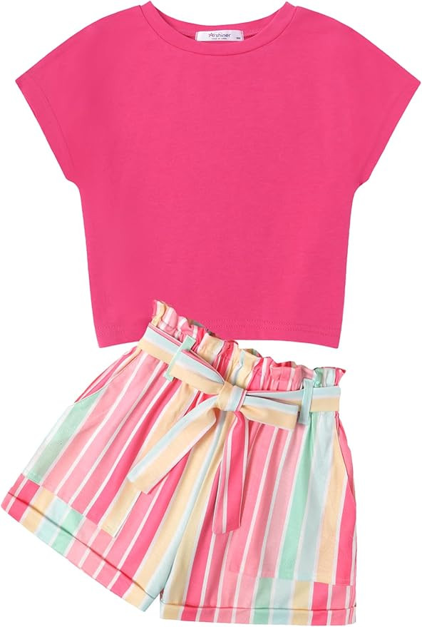 Arshiner Girls 2 Piece Outfit Summer Drop Shoulder Batwing Sleeve Tops and Paperbag Waist Shorts ... | Amazon (US)