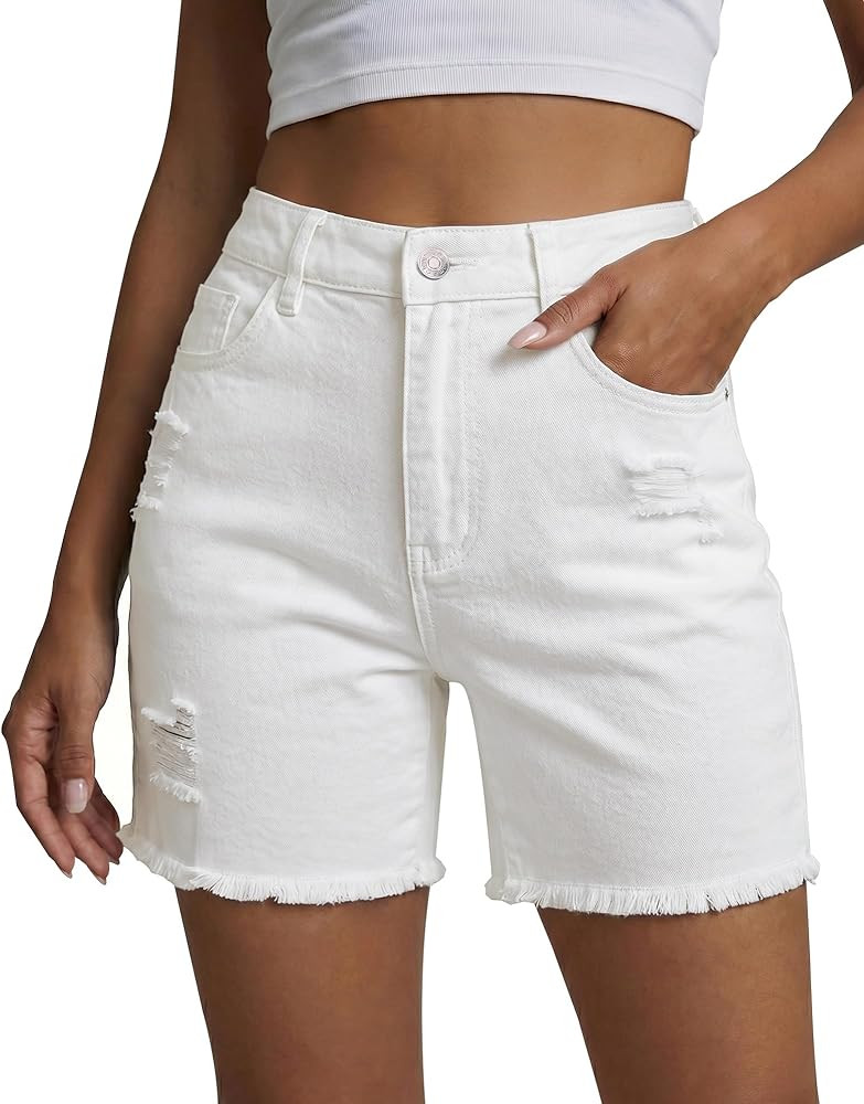 luvamia Jean Shorts for Women High Waisted Trendy Mid Thigh Distressed Ripped Frayed Stretchy Den... | Amazon (US)