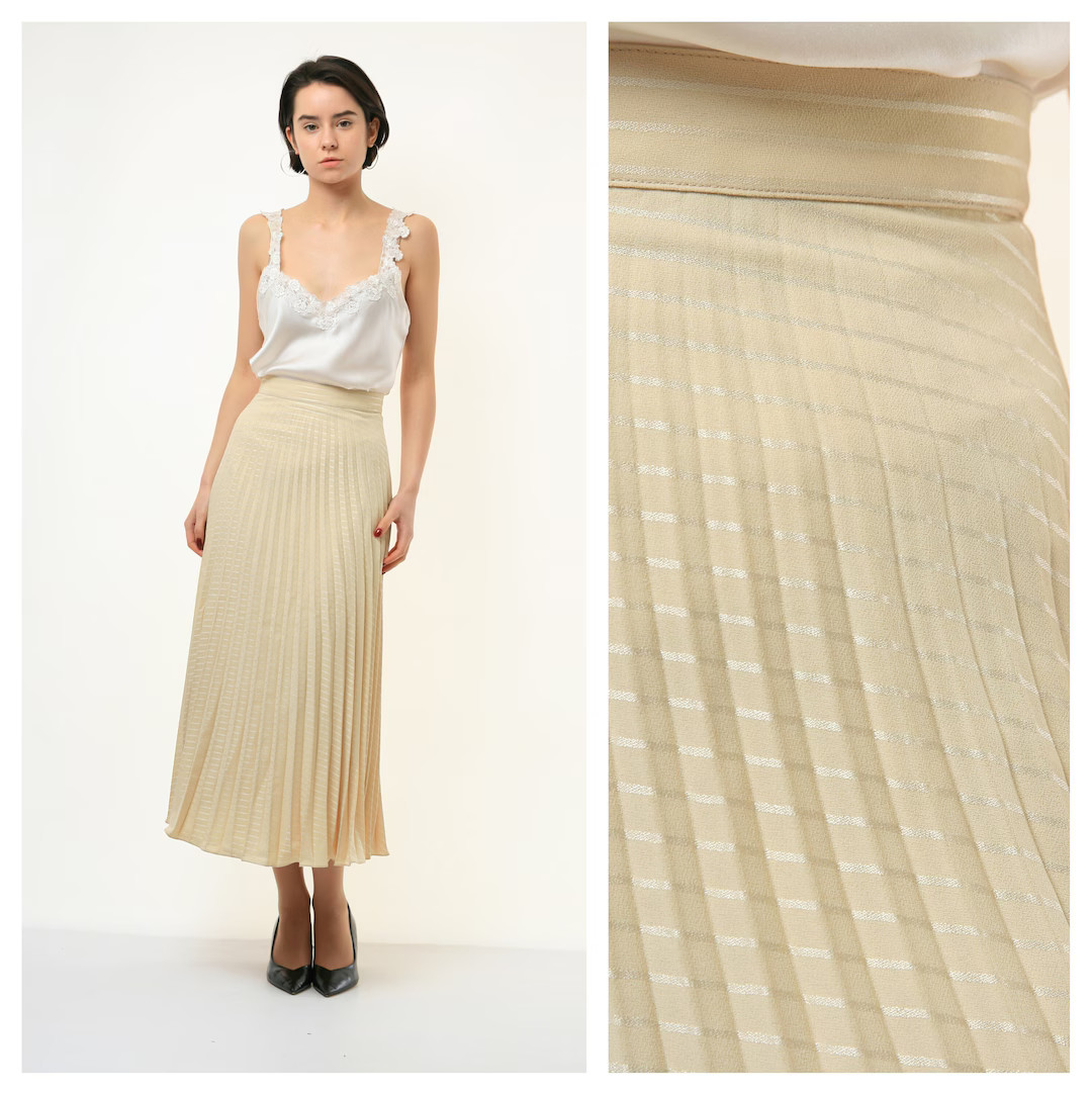 70s Vintage Gold High Waisted Down Pleasted Midi Skirt Size S Small 3806/ Vintage Woman Classic S... | Etsy (US)