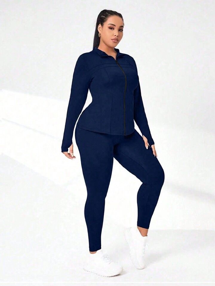 SHEIN Yoga Basic Plus Size Women's Monochrome T-shirt And Leggings Sport Night Run Outfit | SHEIN