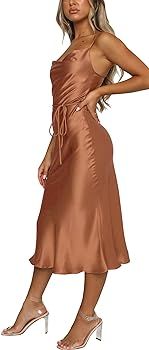 Women's Sleeveless Spaghetti Strap Satin Wedding Guest Party Dress Cocktail Evening Cowl Neck Bac... | Amazon (US)