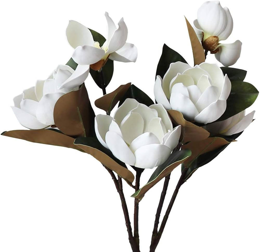 Vintage Artificial Magnolia Flower White 6 Heads,Long Stem Magnolia Bouquet with Green Leaves Arr... | Amazon (US)