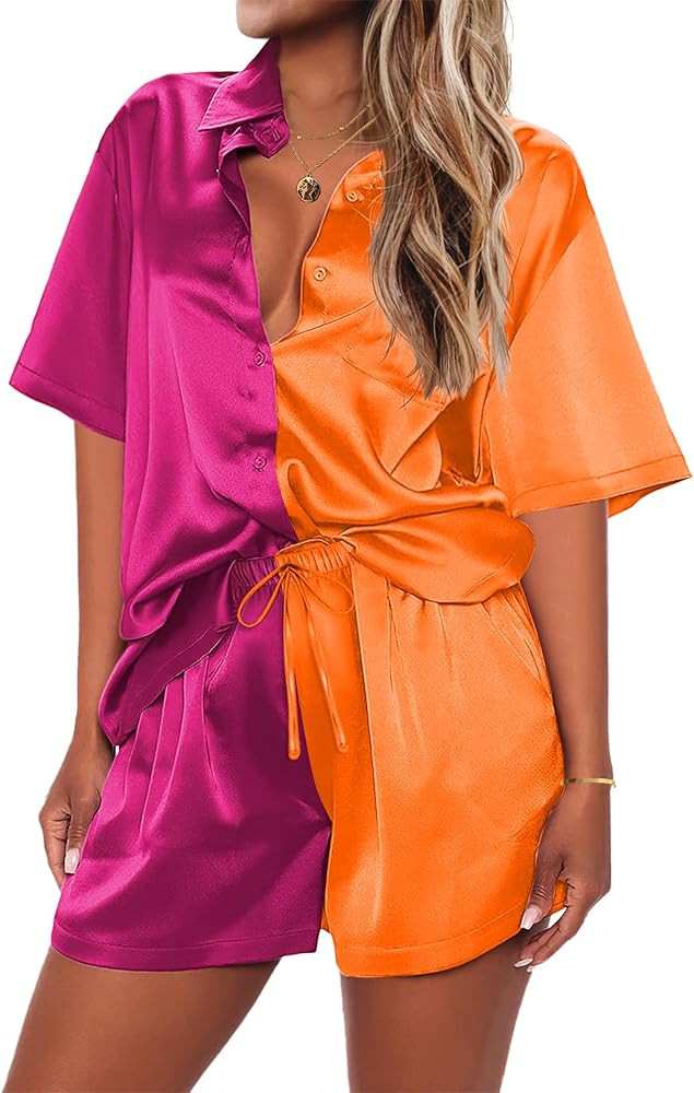 Ekouaer Pajamas for Women Silk Soft Sleepwear Short Sleeve Button Down Pjs Satin Top and Shorts 2... | Amazon (US)