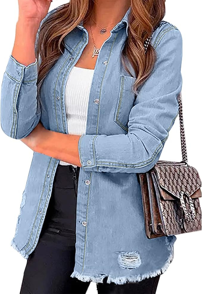 luvamia Womens Denim Jacket Distressed Button Down Jean Shirt For Women Ripped Shacket Coat | Amazon (US)