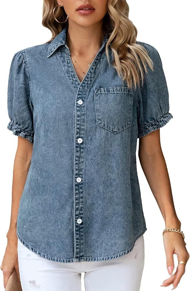 KANCY KOLE Womens Denim Shirts Button Down Short Puff Sleeve Lightweight Jeans Shirts with Pocket... | Amazon (US)