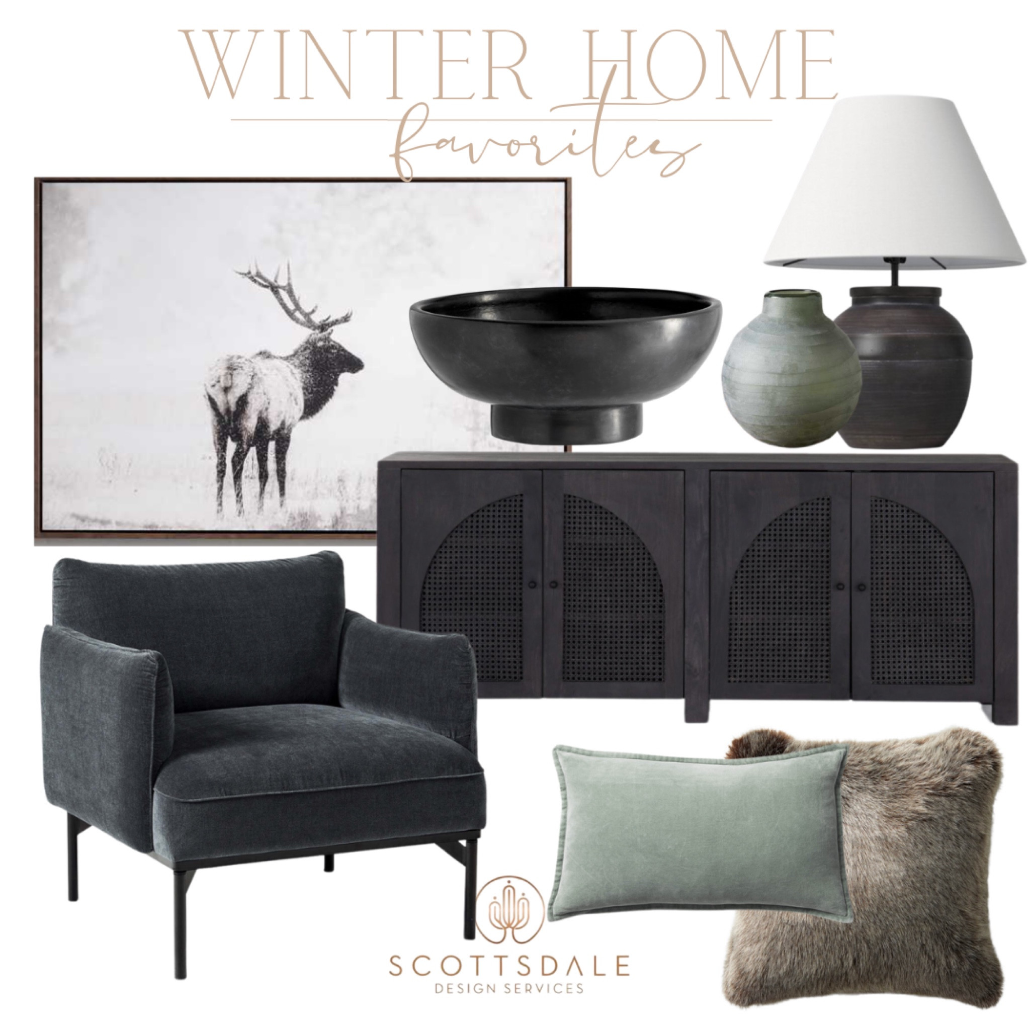 Winter home feels🖤

Winter decor, black sideboard, accent chair, caribou, black lamp, faux fur pillow, decorative bowl

#LTKhome
