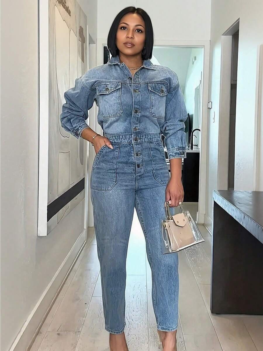 Women's Button-Up Half-Placket Long Sleeve Casual Denim Jumpsuit | SHEIN