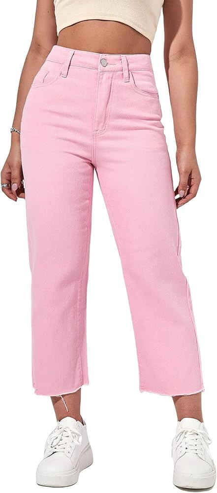 WDIRARA Women's Raw Hem High Waisted Simple Straight Leg Pants Crop Denim Jeans | Amazon (US)