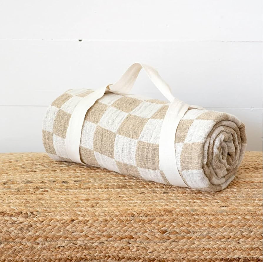 Checkered Design, Camel Brown/White 60 x 50 Inches Knitted Cotton Blend Throw Blanket | Amazon (US)