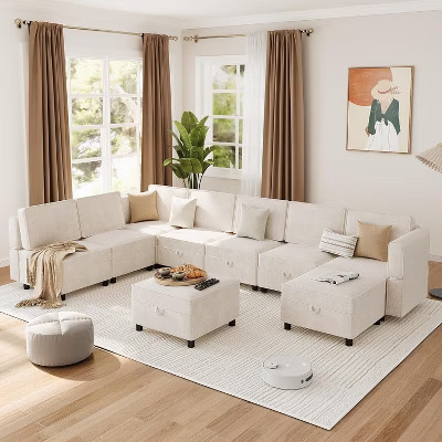 Acekool 9-Seat Modular L-Shaped Sectional Sofa, with Storage Ottoman, Convertible Sleeper, for Living Room, Bedroom, Beige | Target