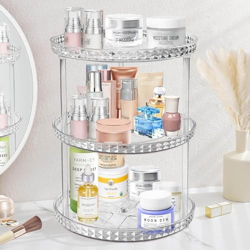 3 Tier Diamond Lazy Susan Bathroom Organizer Countertop, Clear 360 Rotating Cosmetic Makeup Organizer for Vanity, Skincare Organizers Perfume Organizer for Counter - Organization and Storage -9.25INCH | Amazon (US)