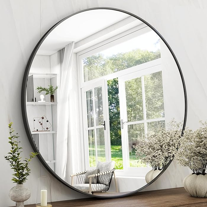 42 Inch Round Bathroom Mirror - Black Wall Mounted Circle Mirror with Metal Frame, Modern Round H... | Amazon (US)