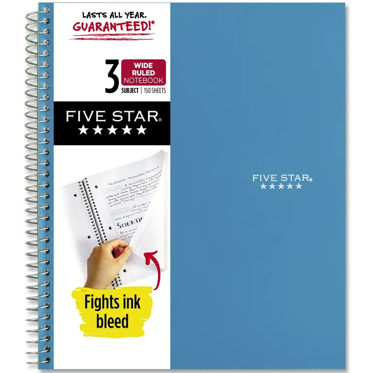 Five Star Spiral Notebook + Study App, 3 Subject, Wide Ruled, 8" x 10.5" | Walmart (US)