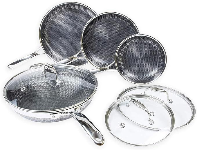 HexClad Hybrid Non-Stick Cookware | 7 Piece Set with Lids and Wok | Metal Utensil Safe, Induction... | Amazon (US)