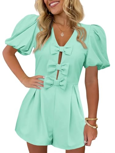 Cicy Bell Womens Cute Rompers Bow Front Puff Sleeve V Neck Short Jumpsuits Sexy Summer Outfits with Pockets | Amazon (US)