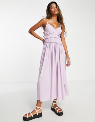 Topshop reconnected viscose shirred ruffle slip midi dress in lilac | ASOS (Global)