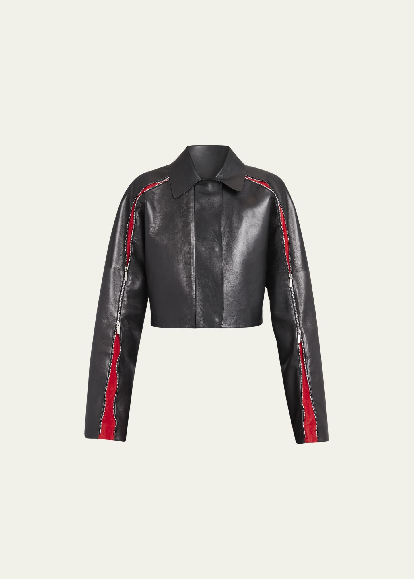 Ferragamo Cropped Leather Moto Jacket with Contrast Zipper Sleeves | Bergdorf Goodman