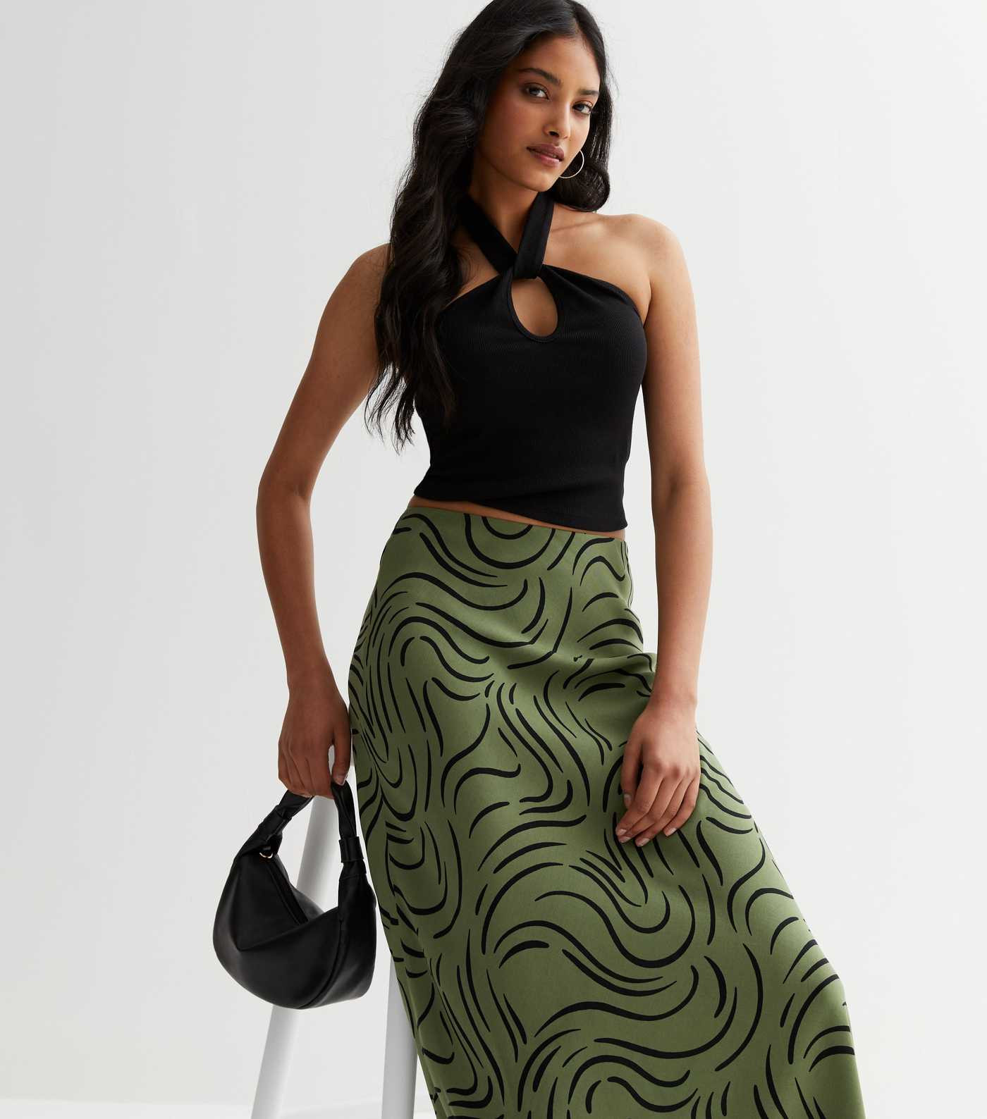 Green Swirl Satin Bias Cut Midi Skirt | New Look | New Look (UK)