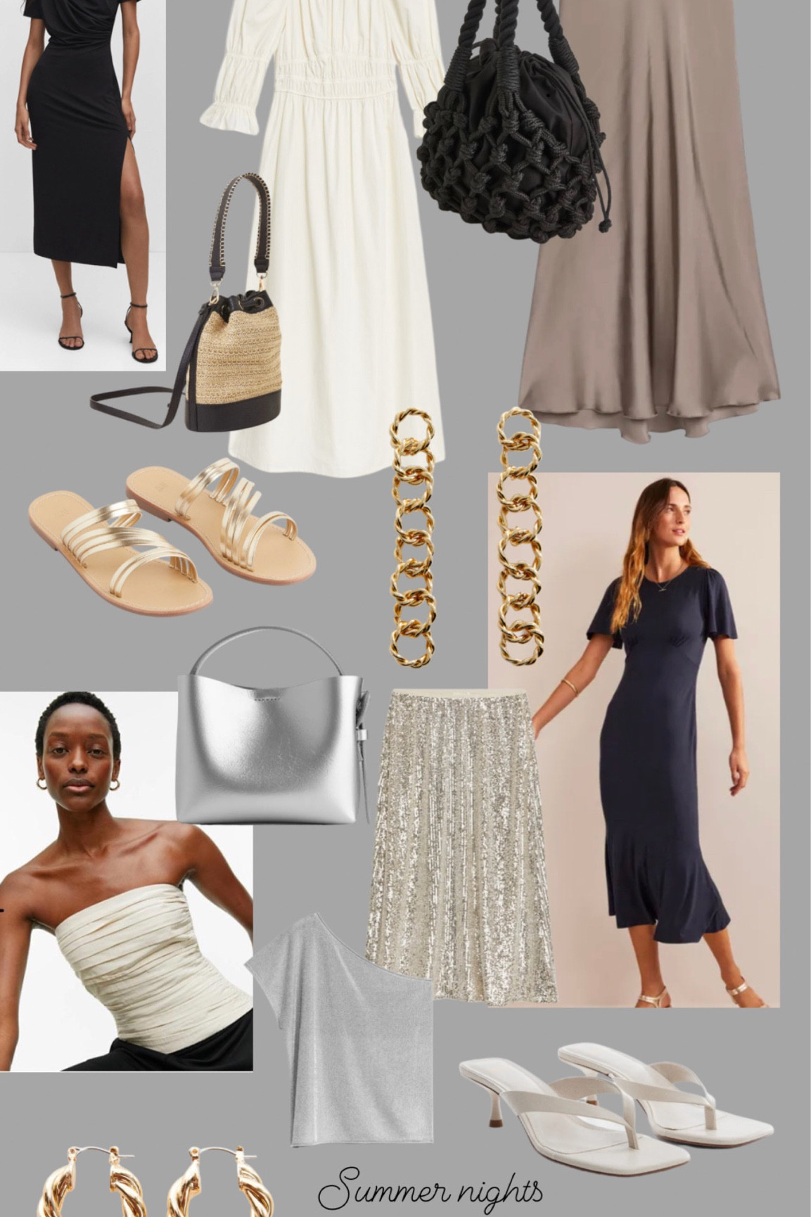 Outfits for warm summer nights. Bandeau tops, satin skirts, gold earrings, silver accessories and evening bags