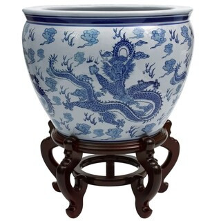 Handmade 18" Dragon Blue and White Porcelain Fishbowl | Bed Bath & Beyond
