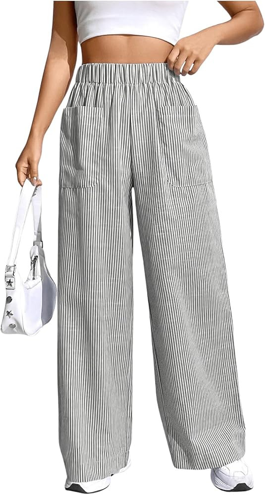 Floerns Women's Striped Print Elastic High Waist Pocket Front Wide Leg Pants | Amazon (US)